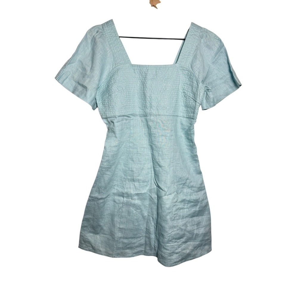 Madewell 100% Linen Square Neck Mini Dress Women's 2 Blue Heron Short Sleeve NEW